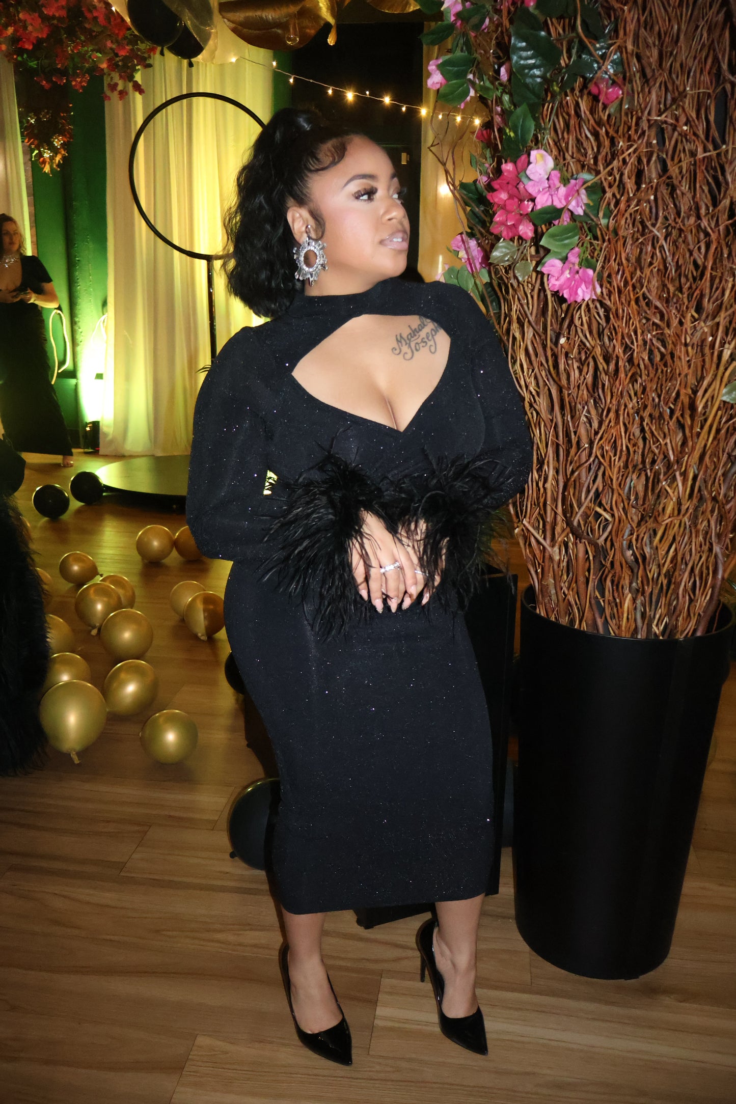 Glitter Feather Midi Dress